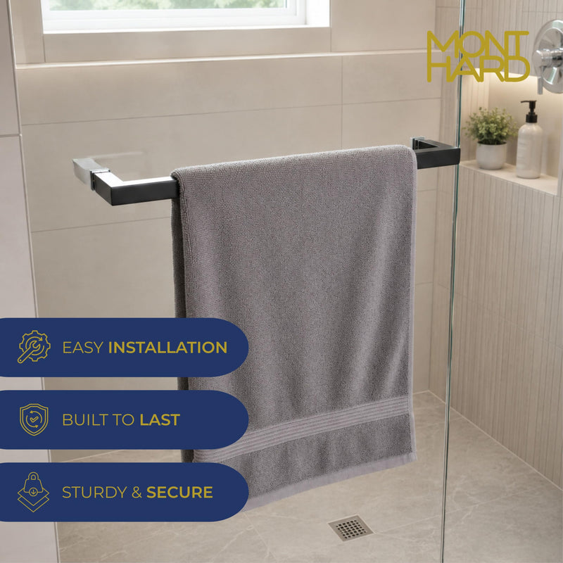 18" Shower Door Towel Bar, Single-Sided, Matte Black, Square | Stainless steel construction, Mitered corners, Fits frameless glass shower doors, Glass-mounted design, Durable