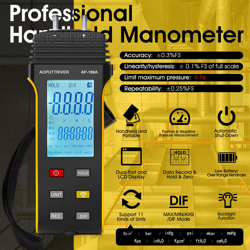 Manometer, AP-189A Professional Gas Pressure Tester, Dual-Port Manometer Air Pressure Meter, 11 Selectable Units Differential Pressure Gauge, HVAC Digital Manometer with Backlight Data Record AP-189A（6Psi）