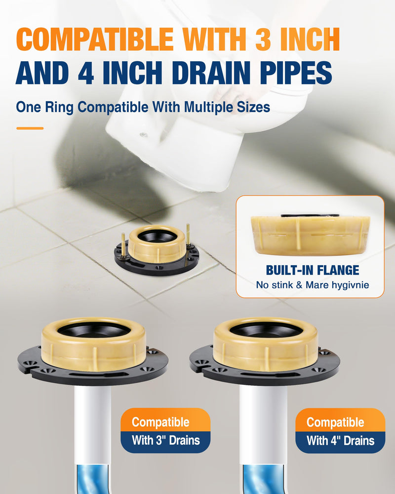 Jamini Toilet Flange Kit with 1.57in Wax Ring – Fix Leaks and Provide Strong Support, Replace Damaged Flanges, Compatible with 3" & 4" Drain Pipes, Perfect for Floor-Level or Below-Floor Drains Yellow ExtraThick
