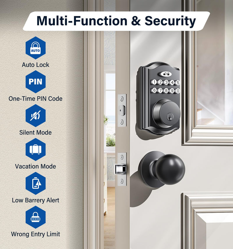 Keyless Entry Door Lock with 2 Knobs, Electronic Backlit Keypad Deadbolt with Handle Set, Auto Lock, One-time Codes, Smart Deadbolt for Front Door, Easy Installation (Matte Black) Matte Black