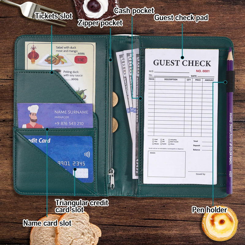 Moofetti Server Book, Waitress Book, Server Books for Waitress with Zipper Pocket Cute Floral Cover 5x8 Inch green floral