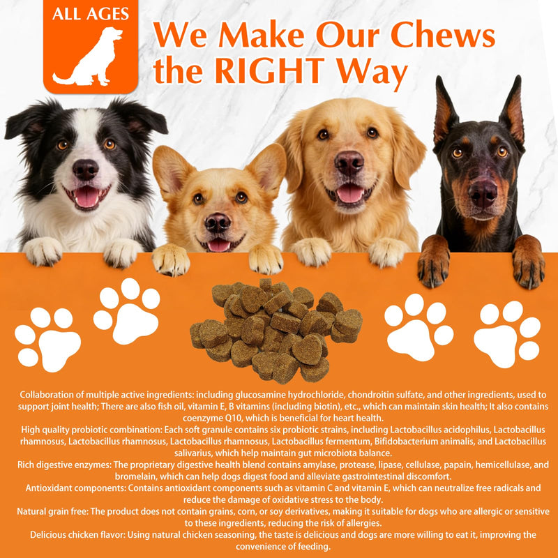 120 Chews 8-in-1 Multivitamin Treats for Dogs, Glucosamine Chondroitin Joint Support,Digestive Enzymes,Probiotics, Grain Free Dog Vitamins,Supplements for Skin&Coat (300g)
