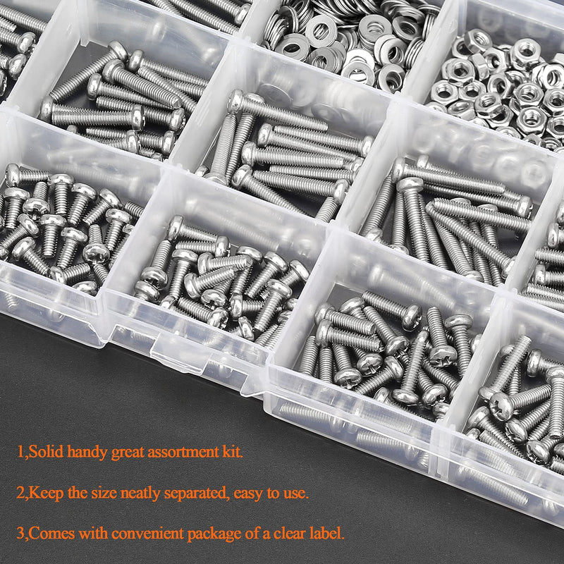 485 Pieces M3 x 4mm /6mm /8mm /10mm /12mm /14mm /16mm /18mm /20mm /25mm / 30mm, Phillips Pan Head Machine Screws, Metric Screws Bolts Washers Nuts Kit, 304 Stainless Steel 485 Pieces M3 Screw Kit