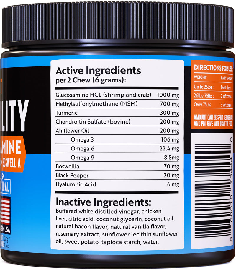 Senior Dog Joint Supplement -1000mg Glucosamine for Dogs -Advanced Hip & Joint Support Chews w/Glucosamine, Chondroitin, MSM, Turmeric & Omega 3 for Pain & Inflammation Relief, Improved Mobility - PawsPlanet Australia