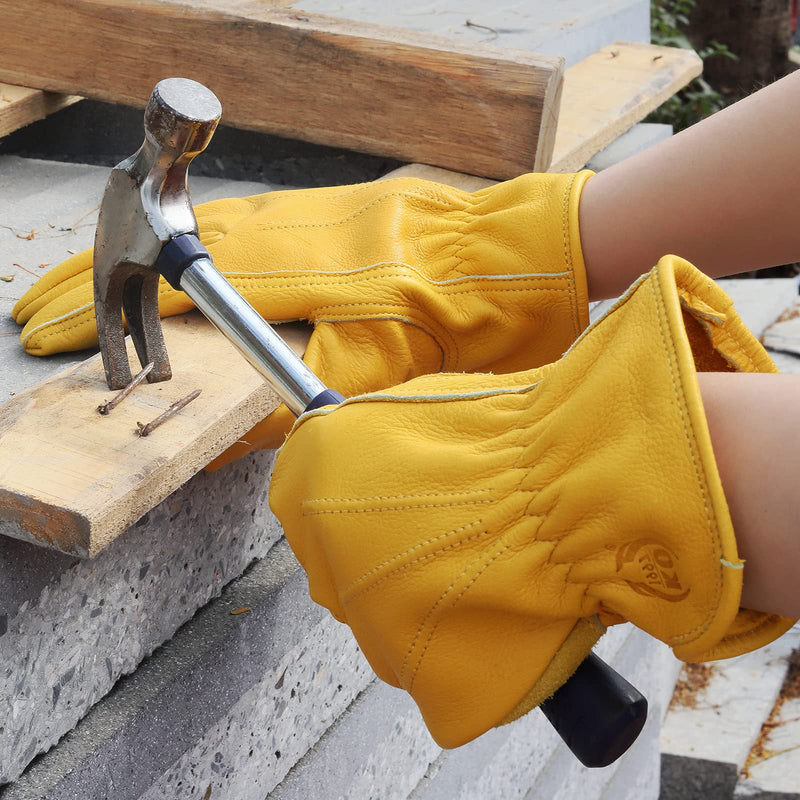 Leather Work Gloves for Men & Women, Reinforced Durable Gardening Gloves,Cowhide Work Gloves,Puncture & Cut Resistant Golden Large