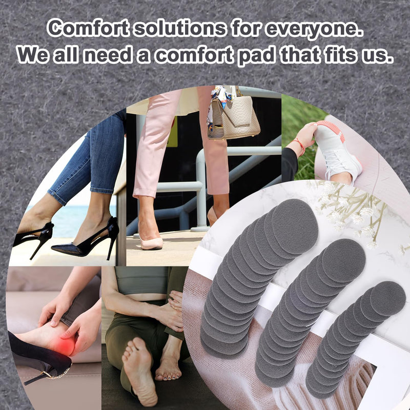 48pcs Moleskin Adhesive Pads, Round Padding Prevention Tape Foot Cushion Protection Moleskin Strips Mole Skin Patch Protector for Feet Shoes Toes Heel Grip (3 Sizes, Gray)
