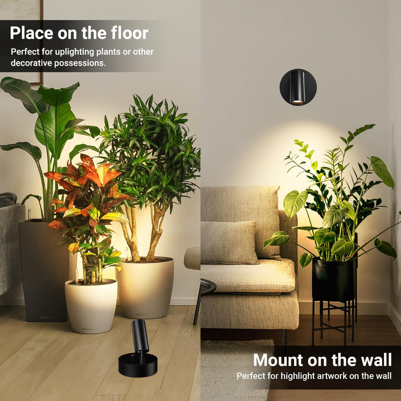 Wireless Led Spotlight Indoor, Rechargeable Uplighting Indoor with Remote Dimmable, 360° Rotate, tree spotlight indoor Battery Powered Ceiling Spotlight for Artwork Painting Plant Picture Lights Black