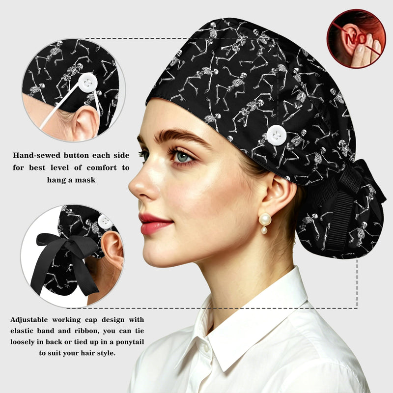 Ponytail Scrub Cap for Women - Surgical Caps with Breathable Fabric,Comes with a Matching Bow Scrunchie Hair Tie Black Skull