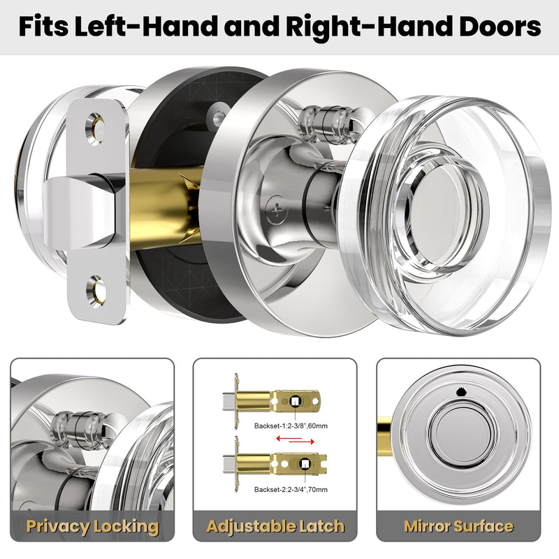 Crystal Door Knob Polished Chrome Interior Privacy Door Knobs Glass Interior Door Knob for Bedroom and Bathroom 1 Pack Privacy