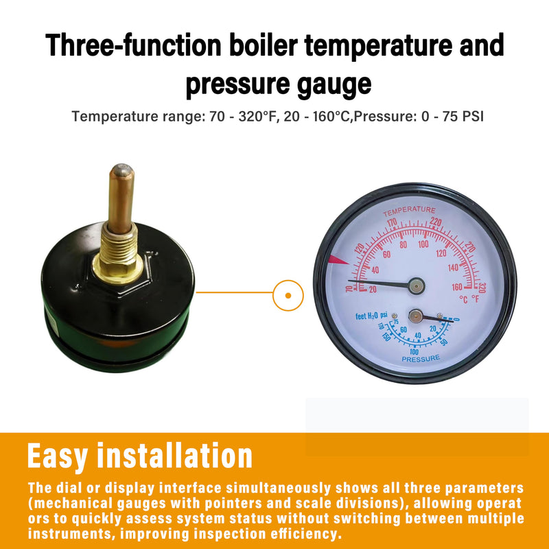 Replacement Tridicator Boiler Gauge, 2-1/2-inch Dial | 1/4-inch Male NPT Connection, 1 1/2-inch Stem Length, 0/75 PSI Pressure Range, Bronze Internal Construction