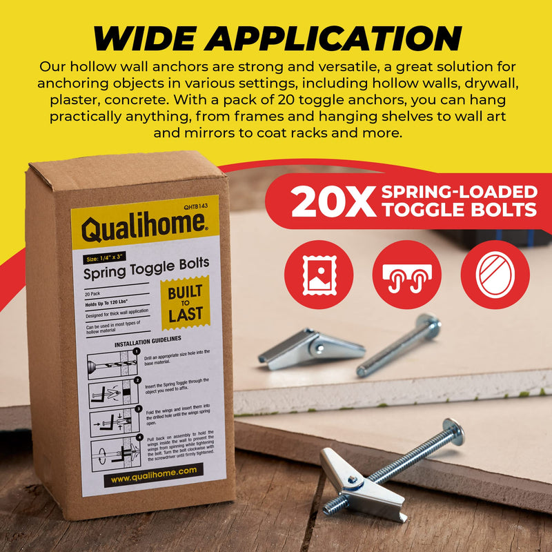 QUALIHOME Spring Toggle Bolt Anchors - Heavy Duty Wall Anchors for Hanging Items w/Hollow Walls & More - Stainless Steel Hollow Wall Anchor for Frames, Shelves, Mirrors & More, 20 Pack (1/4" x 3") 1/4" x 3"
