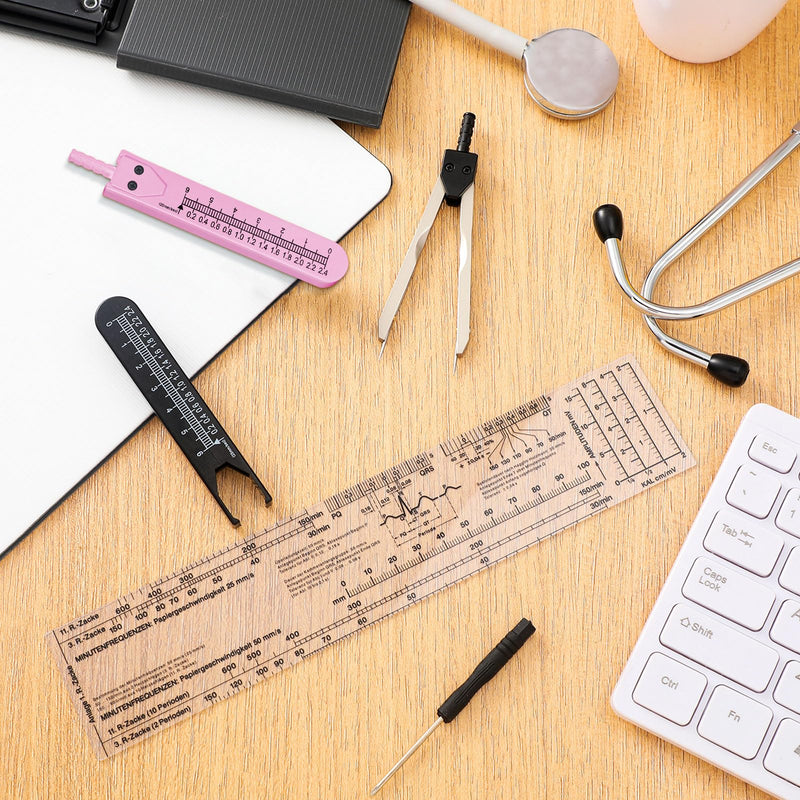 Tondiamo 2 Sets EKG Calipers and EKG Ruler Combination Set ECG Calipers Drafting Electrocardiogram Divider ECG Calipers Measuring Tool for Nursing (Black and Pink) Black and Pink