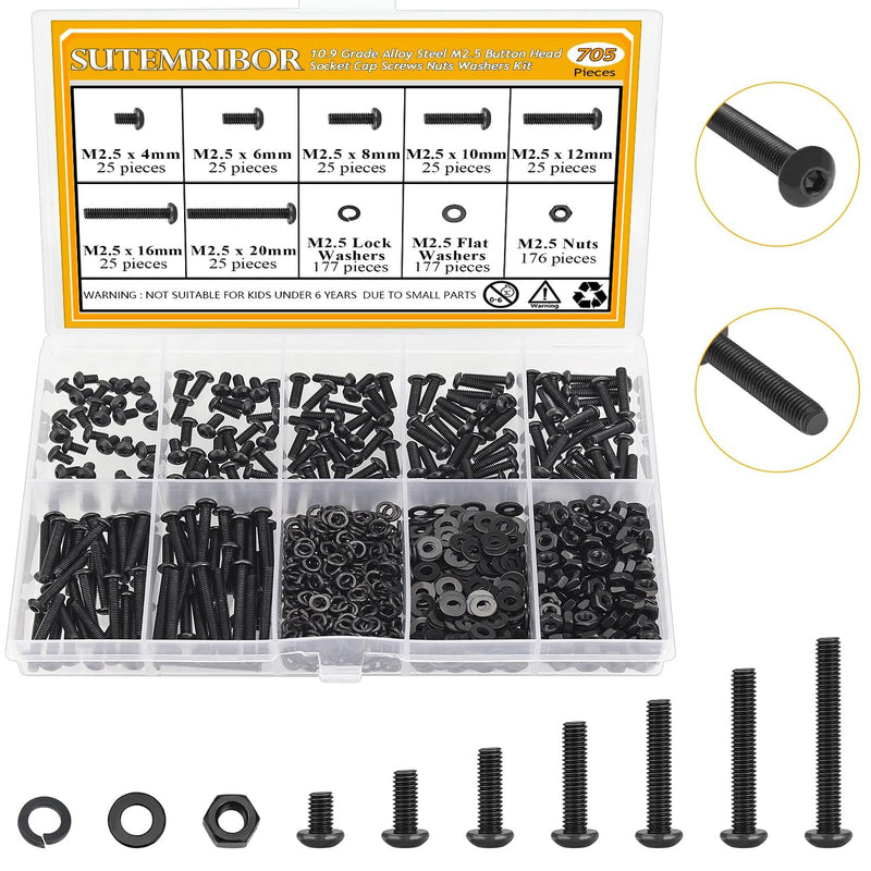 705 Pieces M2.5 Screws Nuts Washers Set Black, Sutemribor M2.5 x 4/6/8/10/12/16/20mm Button Head Socket Cap Screws Nuts Washers Assortment Kit, 10.9 Grade Alloy Steel, Fully Threaded M2.5 Screws Kit
