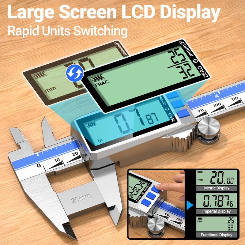 Preciva Digital Caliper 8 Inch, Rechargeable Stainless Steel Vernier Caliper with Large Display, Auto Off, Precision Inch/mm/Fraction Measuring Tool for DIY/Household/Woodworking