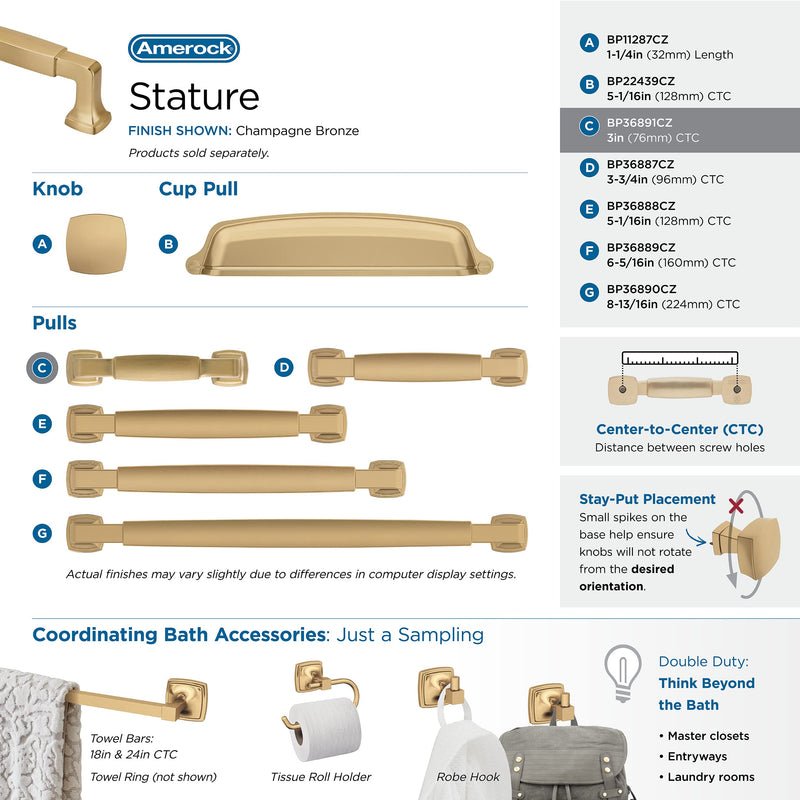 Amerock | Cabinet Pull | Champagne Bronze | 3 inch (76 mm) Center to Center | Stature | 2 Pack | Drawer Pull | Drawer Handle | Cabinet Hardware 3 inch (76mm) Center-to-Center (Pack of 2)