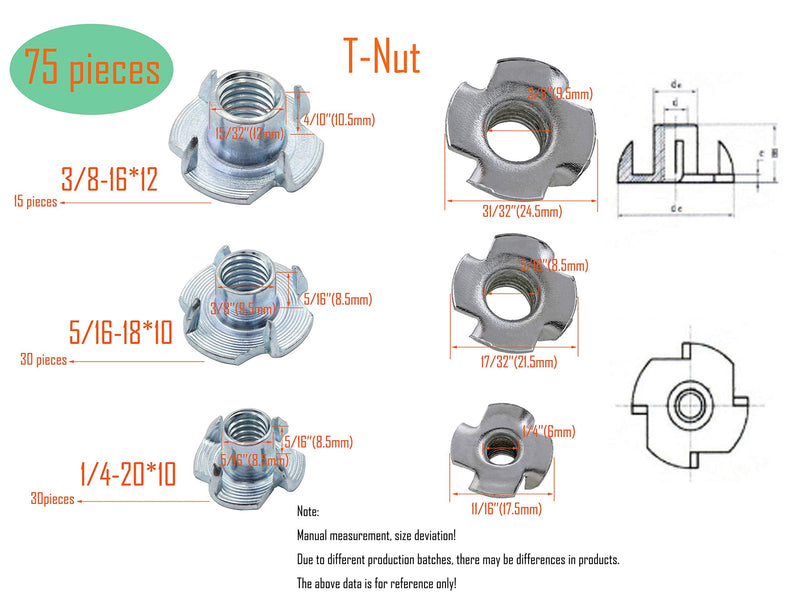 LBY 75pcs T-Nuts, (1/4",5/16",3/8") T-Nuts Four Claws Nut Assortment Kit, Carbon Steel, Galvanized, Silver