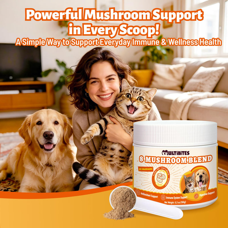 Turkey Tail Mushroom Powder for Dog, 8 Mushrooms Blend & Chicken, Mushroom Supplement - Immune, Digestive, Real Mushrooom Turkey Tail - Daily Antioxidant Support, Cat Lumps & Bumps, 5.3oz.