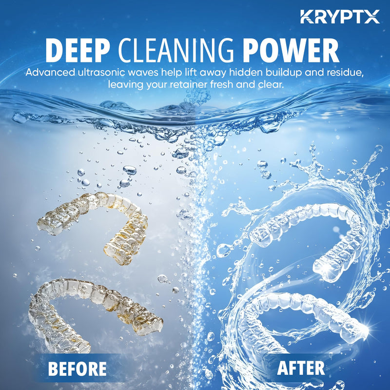 KRYPTX Ultrasonic Retainer Cleaner Machine - 45kHz with 200ML Tank, 4 UV-A+C Lights & 4 Modes - Dental Cleaning Pod Ultrasonic Cleaner for Retainers, Aligners, Mouth Guards, Toothbrush -White | Dedicated Toothbrush Slot, Type-C Charger, Low Noise White