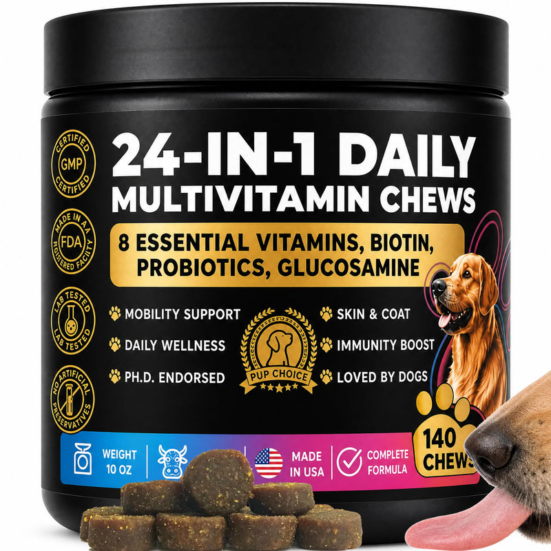 24-in-1 Dog Multivitamin Chews – Dog Vitamins and Supplements with Glucosamine, Chondroitin, Probiotics, Salmon Oil, Biotin – Daily Mobility, Digestion, Skin and Coat Support, Beef Flavor Multivitamin - Beef 1 Pack