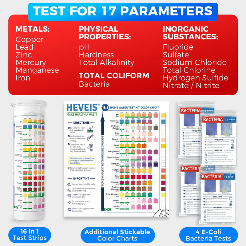 17 in 1 Home Drinking Water Testing Kit - 100 Strips + 4 Bacteria Tests - Tap and Well Water Test Kit, Easy to Test and Read for Hardness, Lead, Iron, Fluoride, pH, Copper, Bacteria and More Blue