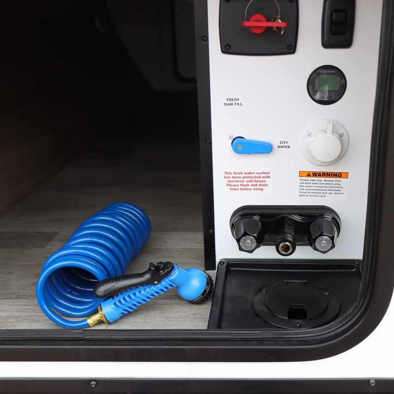 Empire Faucets CRD-BKQDC5-15CHSPRY RV Potable Water Hose Set - 15' Coil Hose with 4" Black Quick Disconnect and 7-Function Sprayer