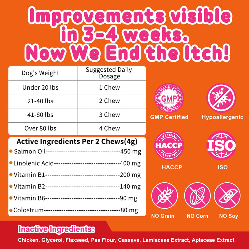 Dog Allergy Itch Relief Chews - Salmon Oil Omega-3, Omega-6, Vitamin B1/B2/B6, Colostrum Probiotics Supplement for Seasonal Allergy, Itch, Hot Spots, Paw Licking, Scratching, 200 Soft Chews