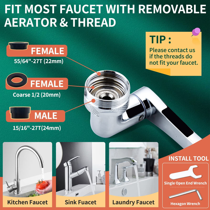 CECEFIN 1080° Swivel Faucet-Extender Sink-Aerator - 2 Mode Splash Water Filter Extension, Kitchen Bathroom 360° Rotatable Spray Attachment, Multifunctional Universal Robotic Arm -Wash Hand/Hair/Face A- Swivel Faucet Aerator