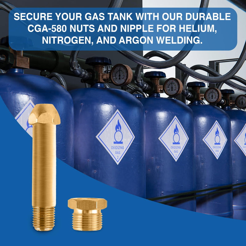 CGA-580 Nut & 3" Nipple - Regulator Inlet Bottle Fitting for Helium Argon Nitrogen - Brass Construction Threaded Design - Perfect for Gas Cylinders & Welding | 3"x1/4 NPT