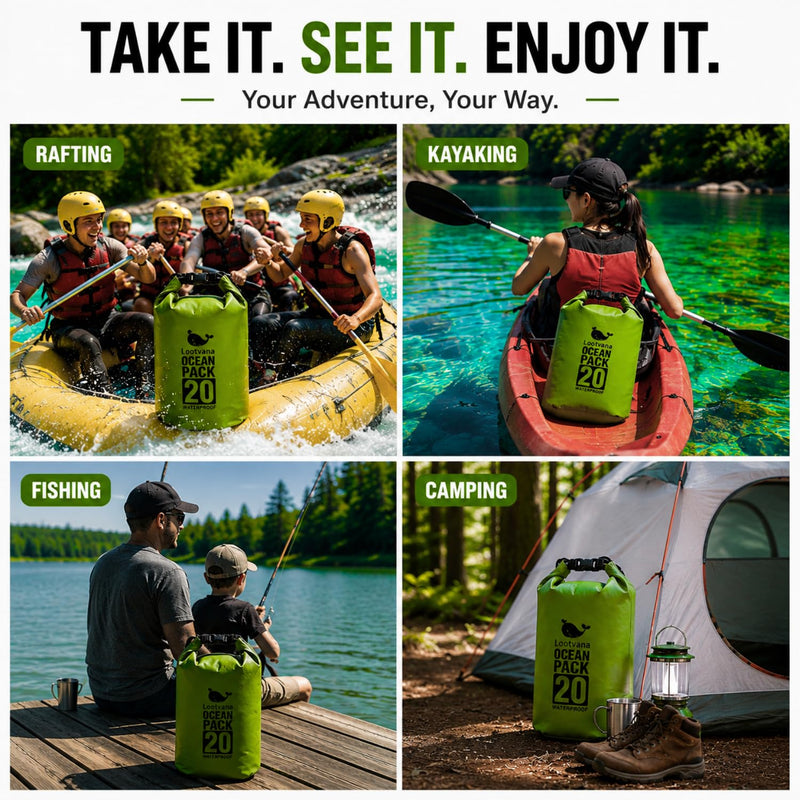 Waterproof Dry Bag with Phone Pouch, 20L Floating Roll Top Dry Sack Backpack for Kayaking, Boating, Paddle Boarding, Beach, Camping & Fishing | Lightweight Marine Gear for Men & Women Forest Green