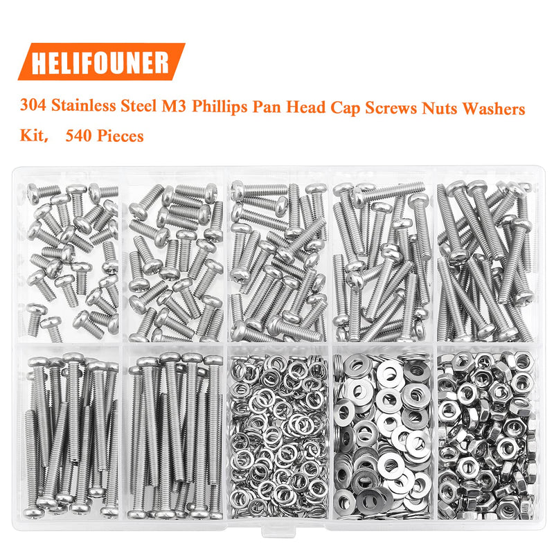 540 Pieces M3 x 6mm /8mm /12mm /16mm /20mm /25mm /30mm, Phillips Pan Head Machine Screws, Metric Screws Bolts Washers Nuts Kit, 304 Stainless Steel