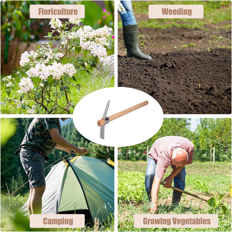 15.7in Hand Cultivator & Hoe Tool - Dual Head Stainless Steel Garden Pickaxe for Weeding, Digging, Planting - Ergonomic Wooden Handle for Farming, Landscaping, Bonsai Care