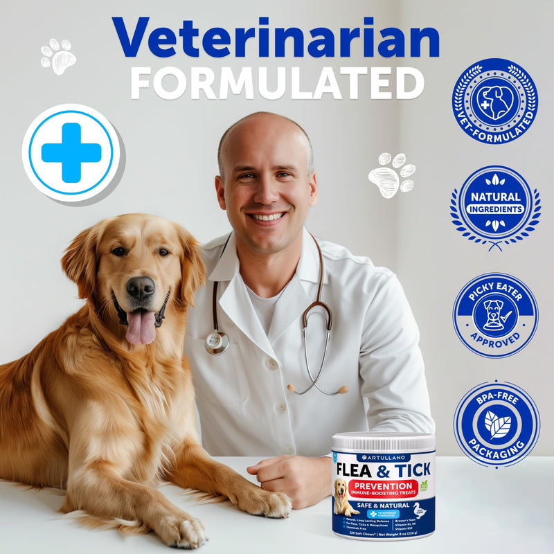 Flea and Tick Prevention for Dogs Chewables - Natural Flea Treatment Control - Supplement for Large & Small Dogs with Vitamins - Immune Support Chews - Puppy Pest Defense Oral Pills - 120 Soft Treats 120 Chews for Dogs