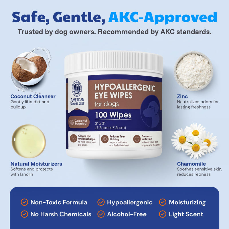 AKC Pet Eye Wipes for Dogs & Cats – Tear Stain Remover & Eye Discharge Cleaner – Hypoallergenic Grooming Wipes, 100 Count (Coconut Scent) Coconut Scent