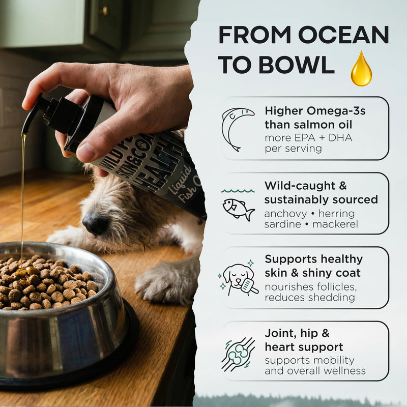Wild Dog Fish Oil - Premium Multi-Fish Blend for Skin & Coat Health - More Potent Than Salmon Oil for Dogs - 1437mg of Omega 3 for Dogs - EPA & DHA – 8 fl oz Pump