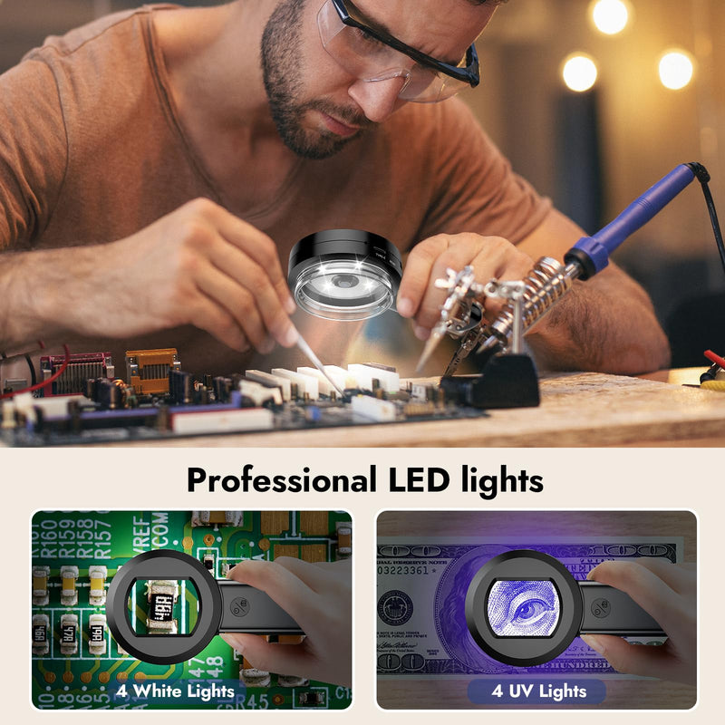100X Magnifying Glass for Reading, Digital Microscope with 2inch Screen, Coin Magnifier with White/Purple Lights, Compatible with Windows/Mac, Include 32GB Card HM020