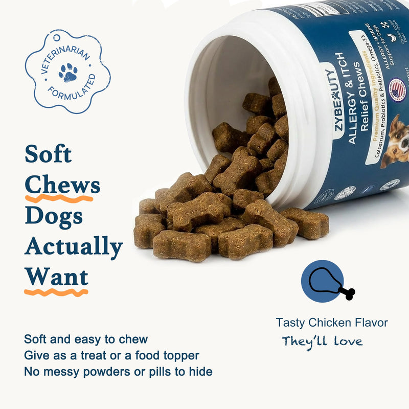 Dog Allergy Chews, Dog Probiotics for Itchy Skin Dog Allergy Relief Bites Skin and Coat Supplement Immune Support with Omega 3 Fish Oil Colostrum for Dog Seasonal Allergies Itchy Skin and Ear 120ct