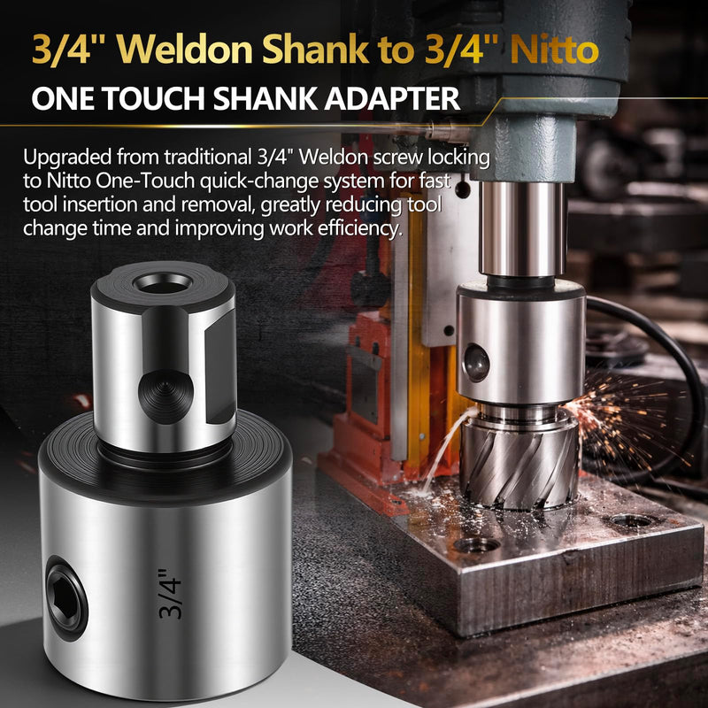 Industrial Tools 3/4" Weldon Shank to 3/4" One Touch Shank Adapter, Quick Change Annular Cutter Adapter, for Magnetic Drill Milling Machine, Heavy Duty Steel, Precision Fit with Pilot Bore