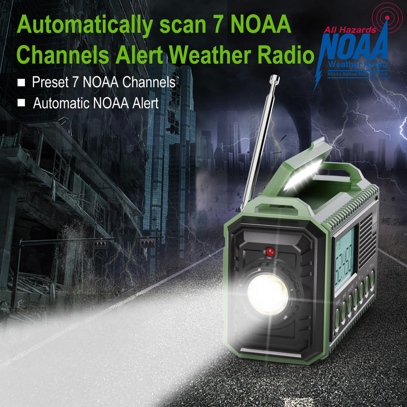Raynic Emergency Radio, 12000mAh/44400mWh Battery Operated Weather Radio, Solar Hand Crank Radio with AM/FM/SW/NOAA Alert, Cell Phone Charger, Type-C Charging, Flashlight and SOS Siren Olive-Green-LCD Display