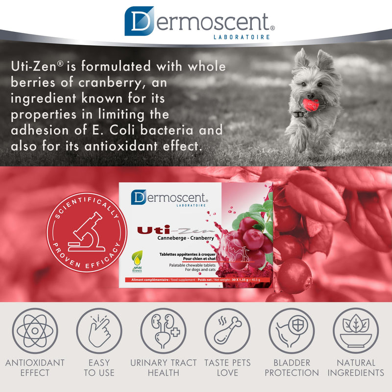 Dermoscent UTI-Zen Cranberry Tablets for Dogs & Cats Food Supplement for Bladder, Kidney & Urinary Tract Health Chicken Flavoured - 30 Tablets