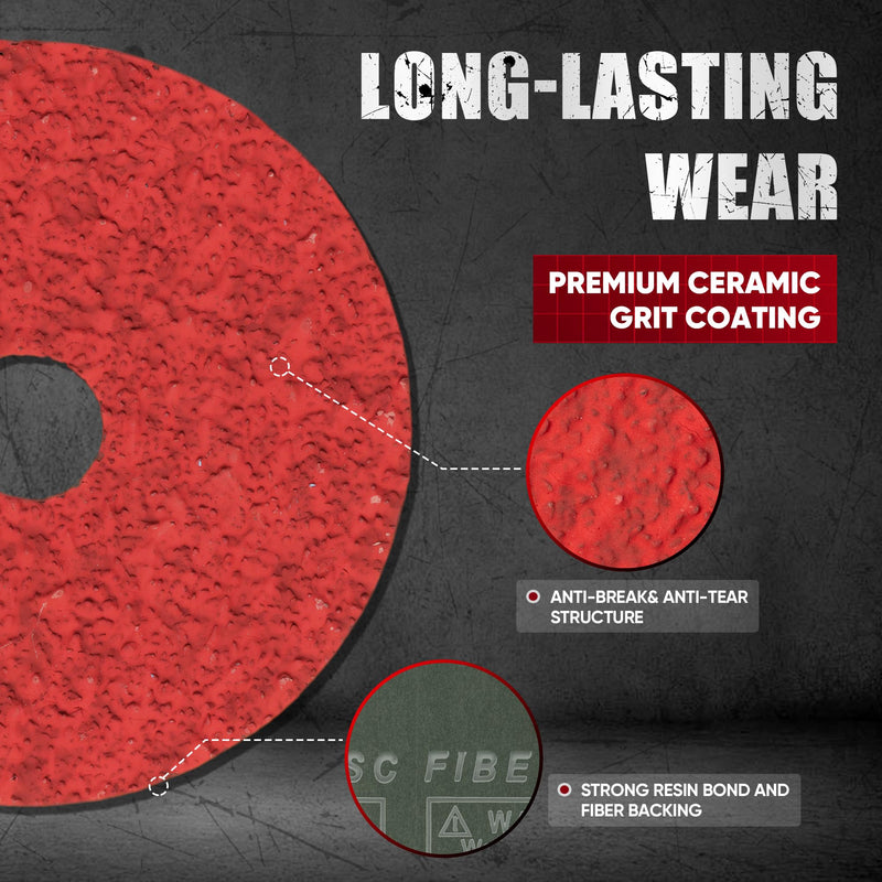 Ceramic Resin Fiber Sanding and Grinding Discs 4.5” x 7/8”with Backing Pad, 24/36/60/80/120 Grit - 25 Pack 24/36/60/80/120grit-25Pack