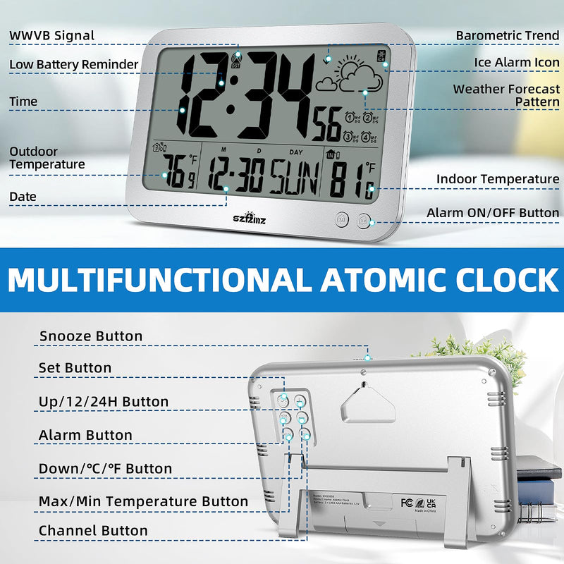 Atomic Clock, 10" Digital Clock Large Display, Wall Clocks Battery Operated with Backlight, Wireless Outdoor Sensor, Alarm Clock Indoor Outdoor Temp, 4 Time Zones, Auto DST, Clock for Bedroom (Sliver) Sliver