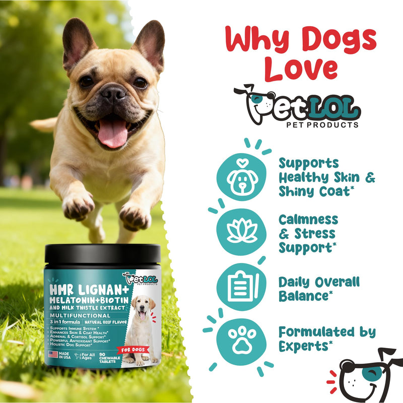 HMR Lignan + Melatonin + Biotin + Milk Thistle for Dogs | 4-in-1 Formula | Adrenal Support & Normal Cortisol Levels | Skin, Coat, & Digestive Health | 90 Chewable Tablets | Natural Beef Flavor
