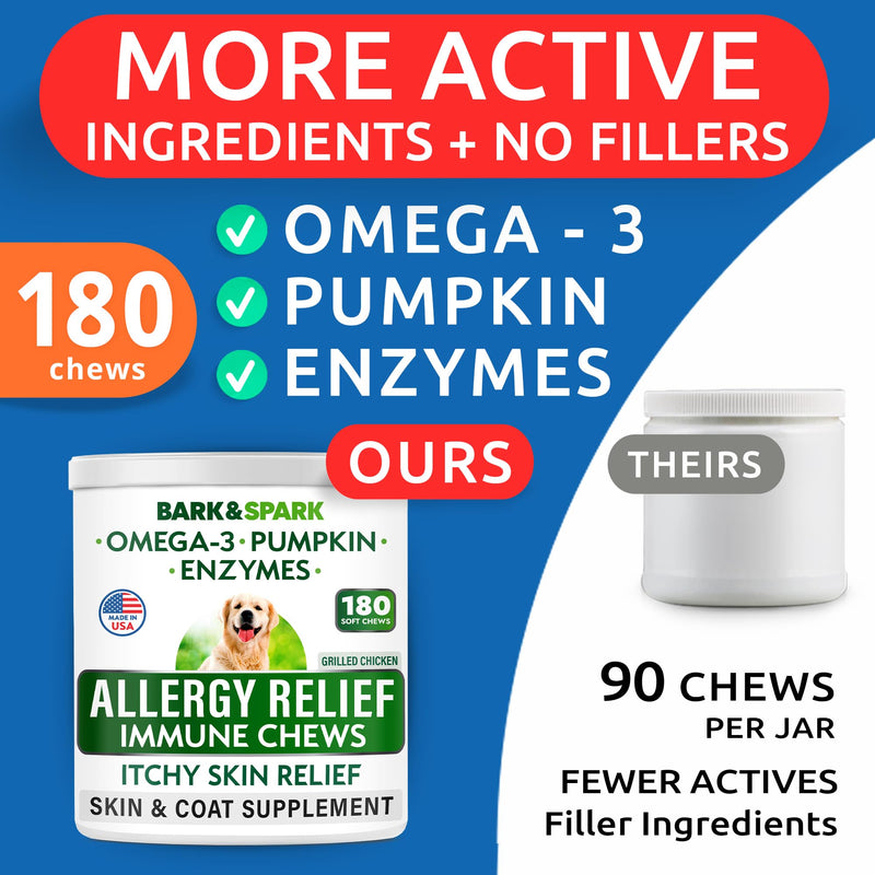 BARK&SPARK Dog Allergy Relief Soft Chews for Skin Health & Seasonal Allergies - Anti-Itch Supplement w/Omega-3, Quercetin & Bromelain Immune Treats for Dry Skin & Hot Spots - Grilled Chicken - 180ct 180Ct - ALLER/Itch (Salmon)