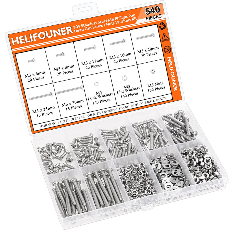 540 Pieces M3 x 6mm /8mm /12mm /16mm /20mm /25mm /30mm, Phillips Pan Head Machine Screws, Metric Screws Bolts Washers Nuts Kit, 304 Stainless Steel