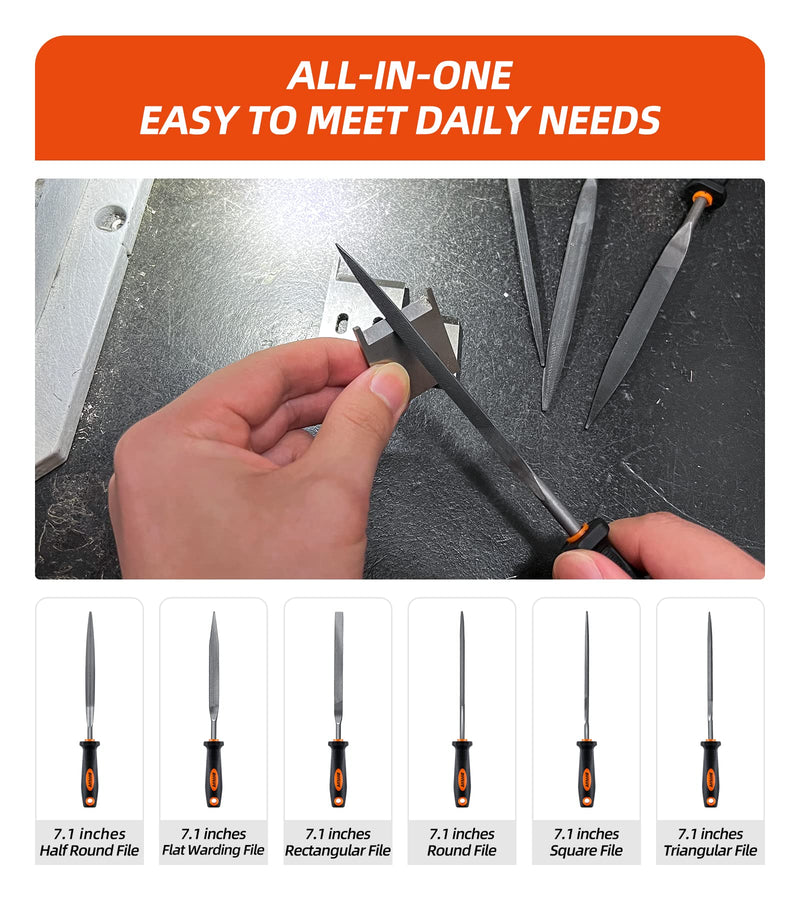 7'' Needle File Set (Carbon Steel 6 Piece-Set) File Handles, Hardened Alloy Strength Steel - Set Includes Flat, Flat Warding, Square, Triangular, Round, and Half-Round File (6-Piece) 7'' File Set- 6 Piece