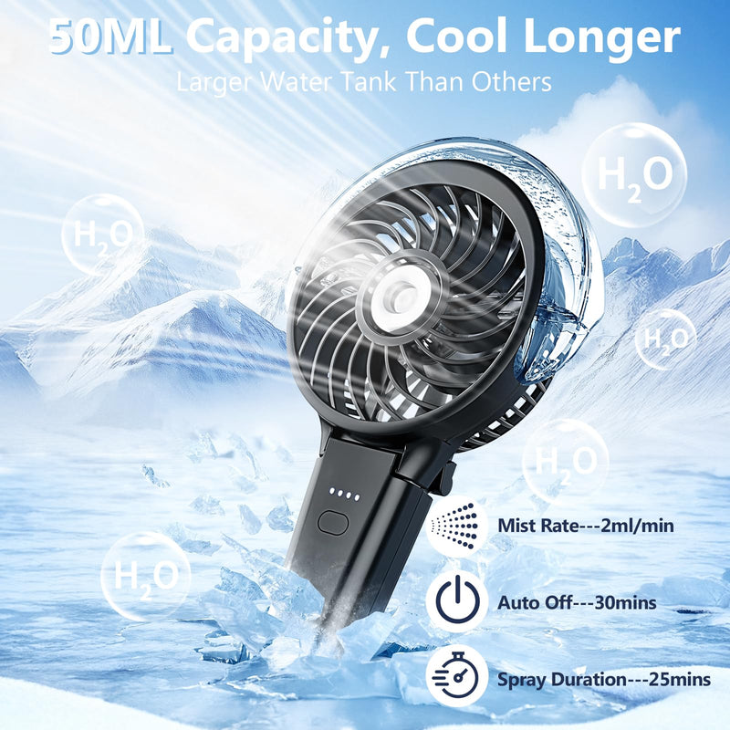 6000mAh Portable Handheld Misting Fan as Backup Power, 50ml XL Water Tank, 20H Runtime 3 Speeds, 180° Foldable Rechargeable Mist Fan for Travel, Outdoors, Makeup - Black