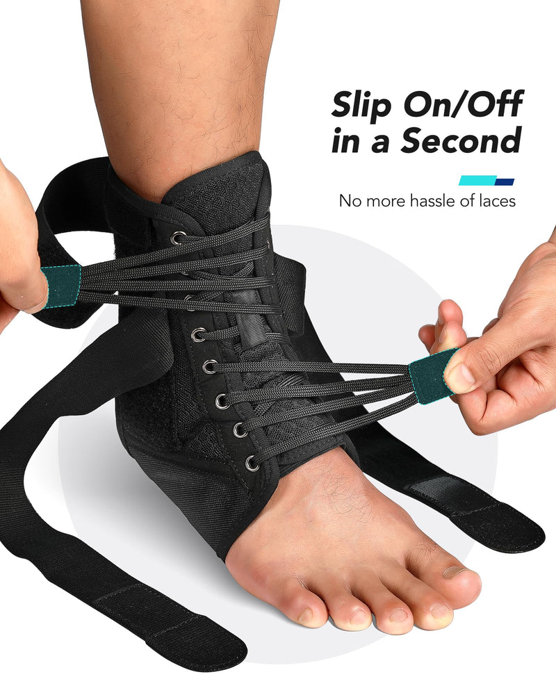 Quick Lace Up Ankle Brace for Women Men with Removable Side Splints, Adjustable Ankle Support for Sprained Ankle Injury Recovery, Ankle Stabilizer for Basketball Volleyball Tennis, 1 Unit L Black Stripes