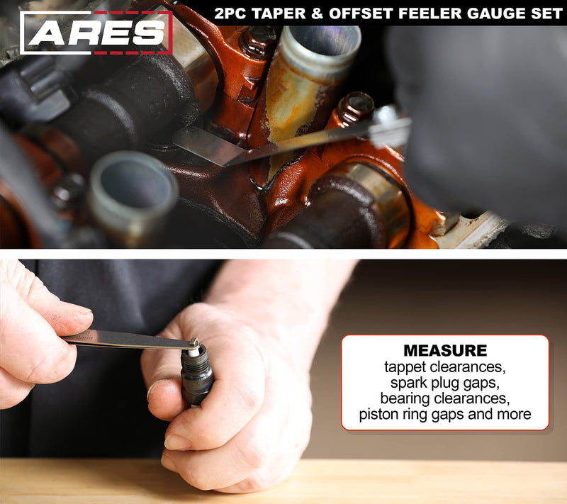 ARES 11042-2-Piece Tapered Feeler Gauge and Offset Feeler Gauge Set has 32 Dual-Marked SAE & Metric Sizes - Offset has 16 Dual-Marked Sizes - Precisely Measure Mechanical Clearances 2-Piece Tapered and Offset Feeler Gauge Set