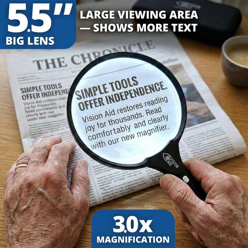 Large 5.5" Magnifying Glass with LED Light (USB Rechargeable) and Hard Case — 3.0X Handheld Illuminated Magnifier Loupe for Reading, Low Vision, Jewelry, Coins, Hobbies, Fine Print. 5.5 inches