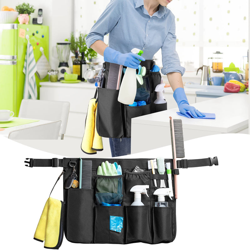 LoDrid Cleaning Apron for Housekeeping with 9 Pockets, Professional Cleaning Bag with Adjustable Waist Belt, Cleaning Supplies Apron for Work, Black